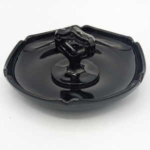 LE Smith Black Glass Tidbit Tray Vintage Ebony Nut Dish with Handle Hexagon